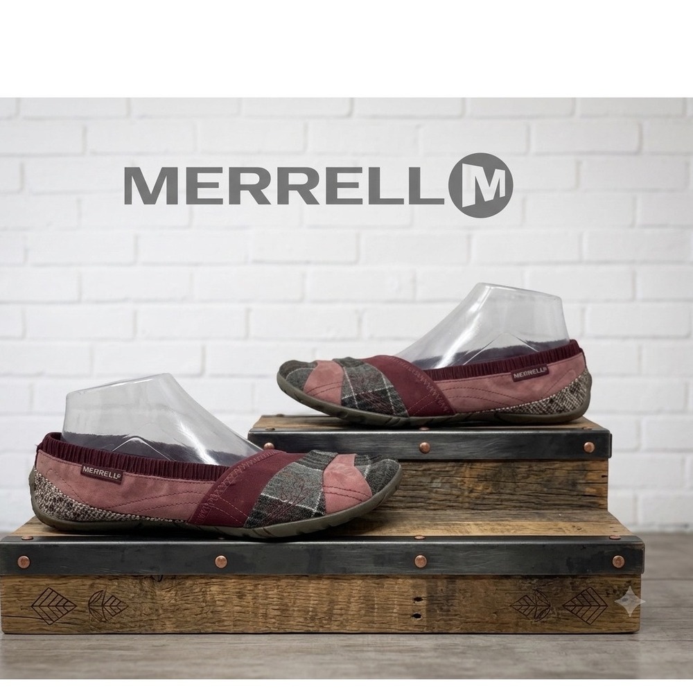 Merrell Barefoot Life Mary Jane Flat patchwork Burgundy Plaid Suede Vibram Sole